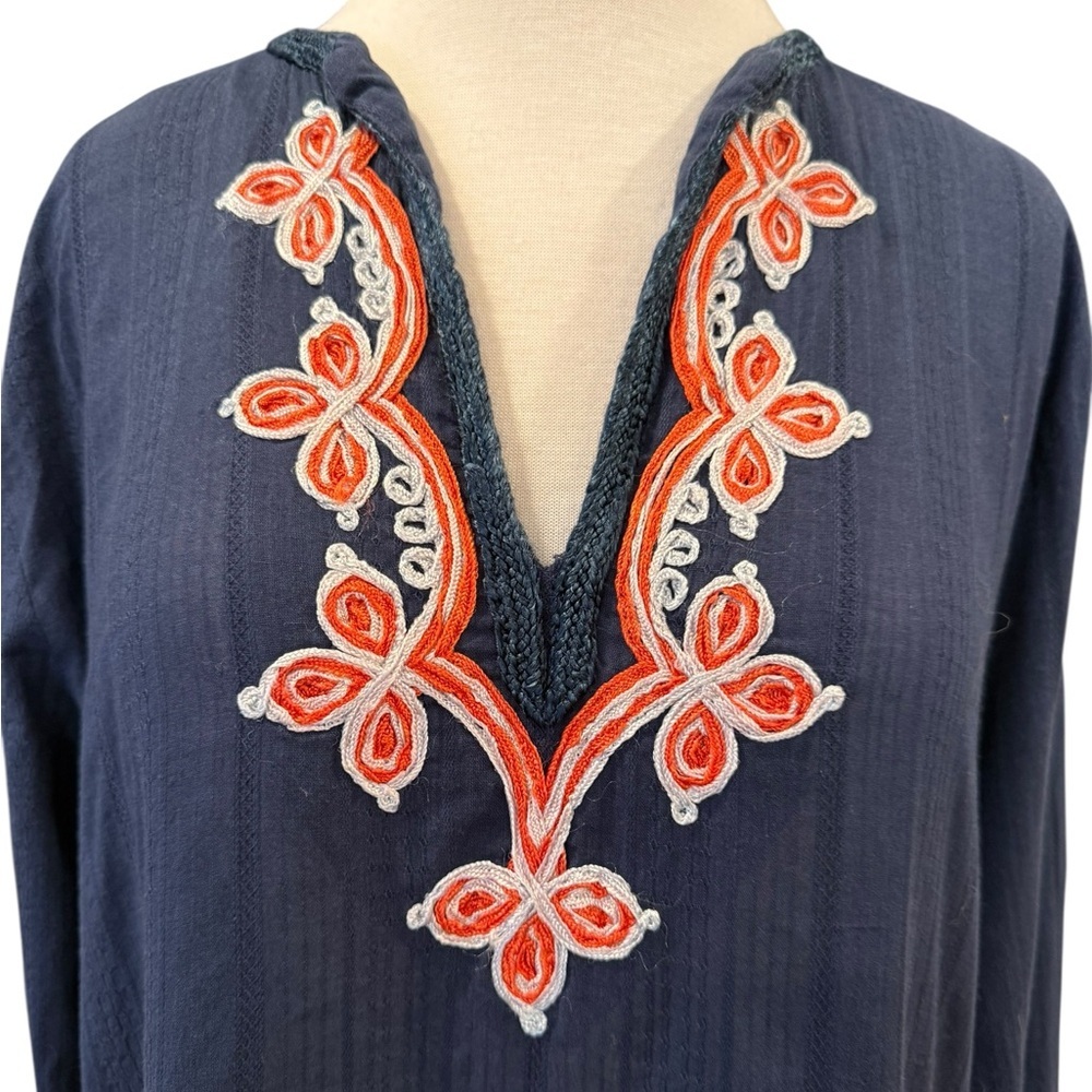 Trina Turk Navy Blue Woven Embroidered V-Neck Long Sleeves Cotton Tunic Sz L - Picture 5 of 11